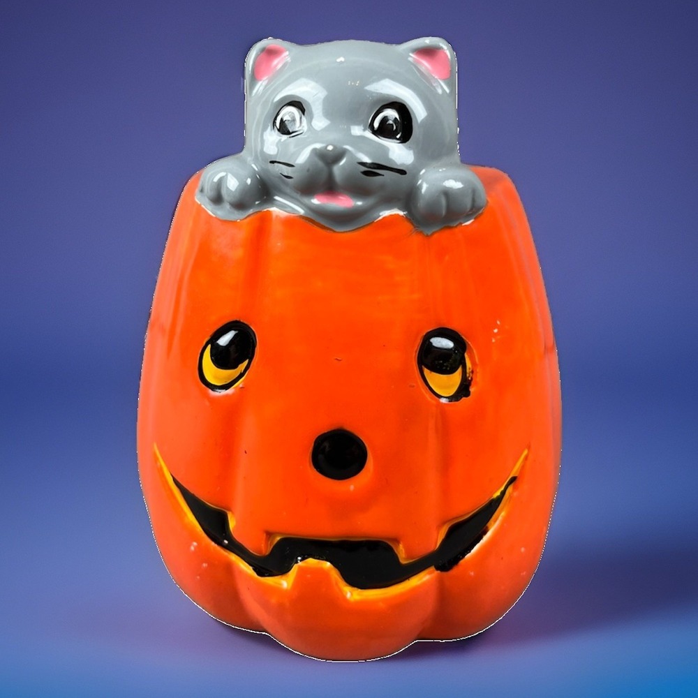 Vintage MSR Imports Halloween Cat Jack-O'-Lantern Ceramic Napkin Holder New